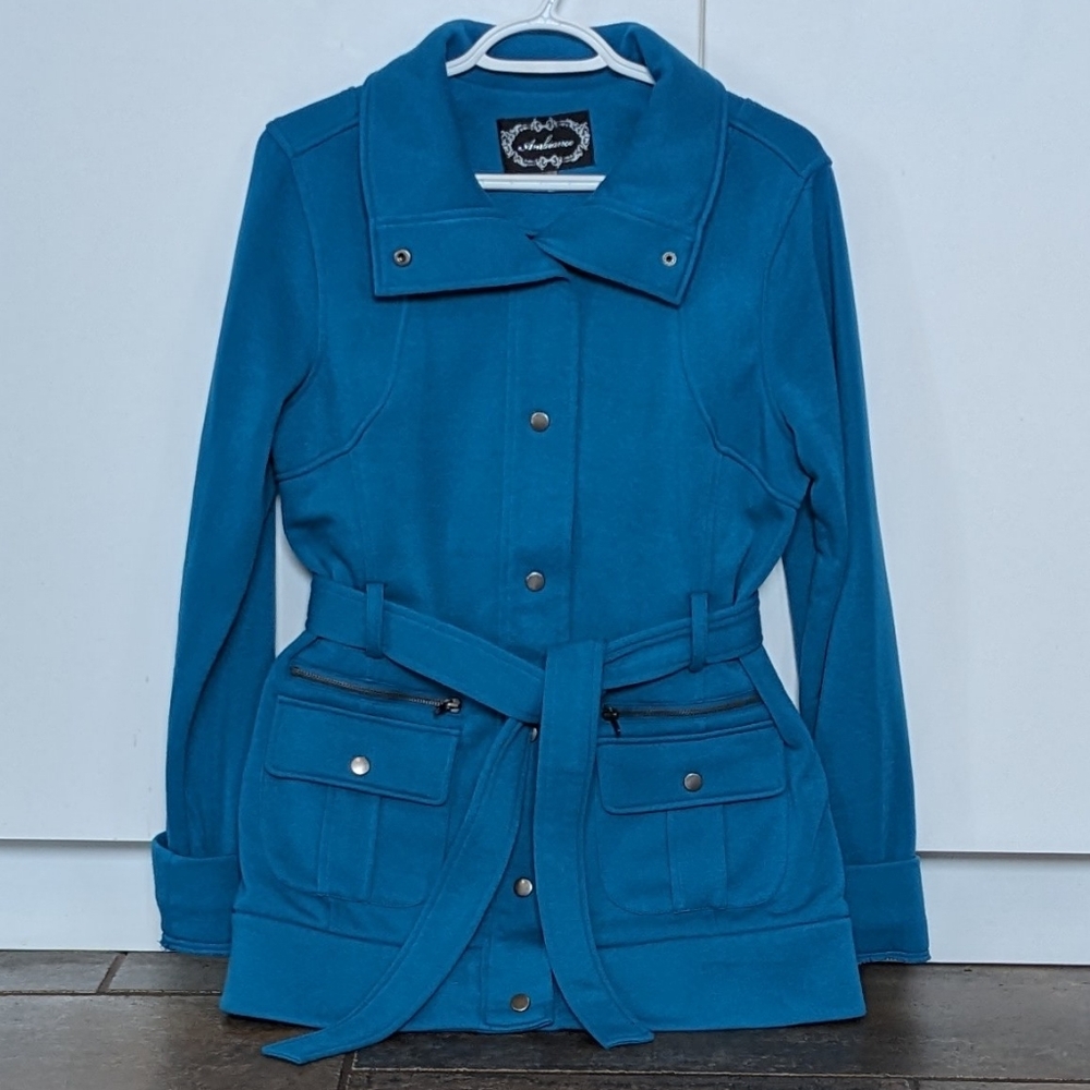 Ambiance Cotton Blend Short Length Trench Style Jacket Size L Teal Blue